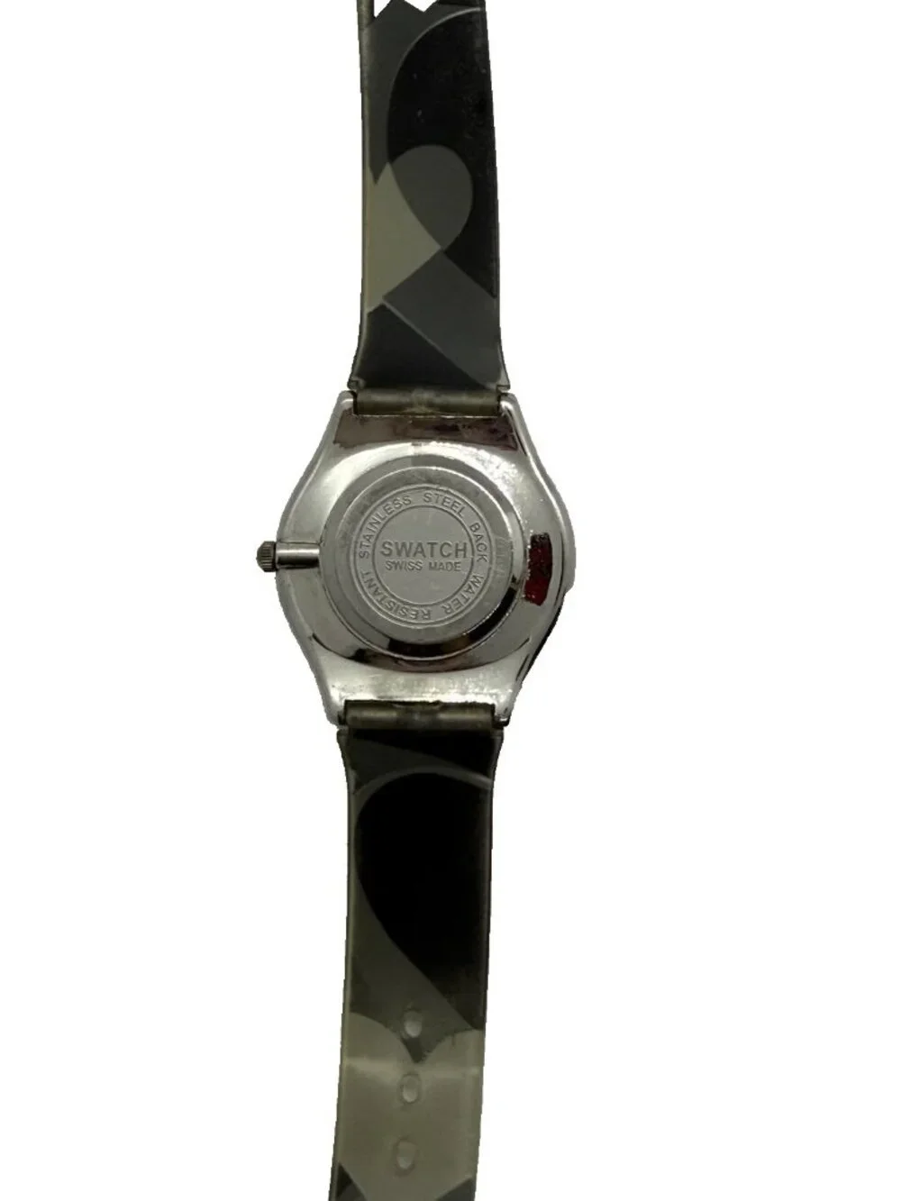 Swatch AG200 Women's Watch Hearts Silver Tone Case Gray Blue Plastic Band Quartz